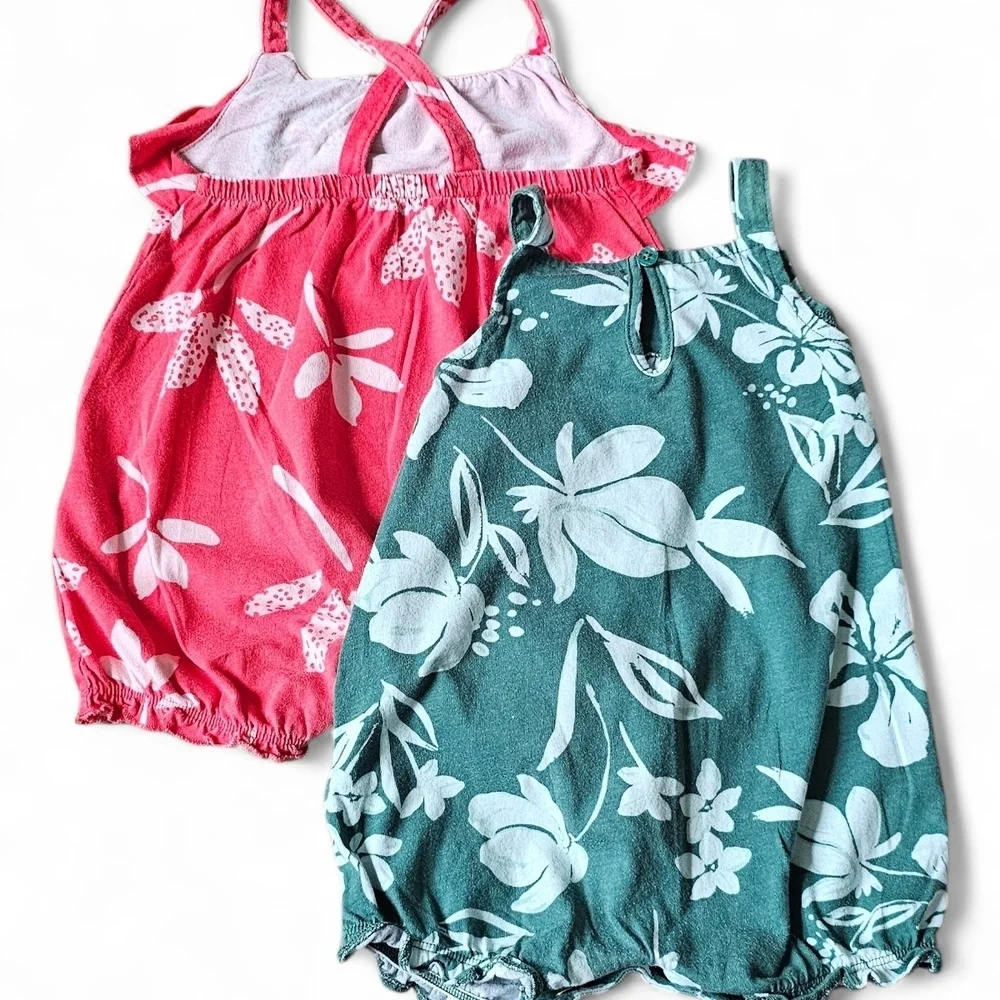 Carter's Baby Girl Floral Romper Set Coral Pink & Teal Green Size 12 Months